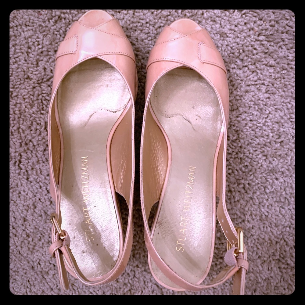 Stuart Weitzman Nude Patent Heel Wedges Size 7